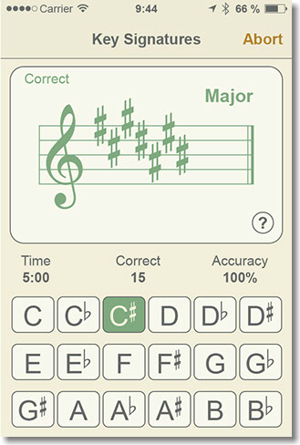 Quiz page of the Key Signatures module.